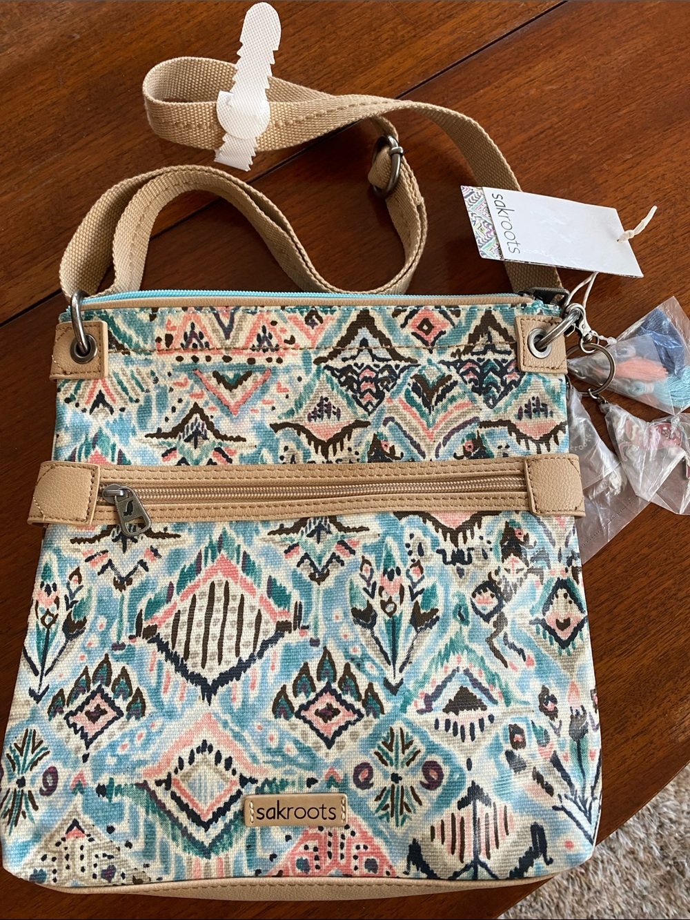 Sakroots Teal Multi Patterned Crossbody with Tan Trim